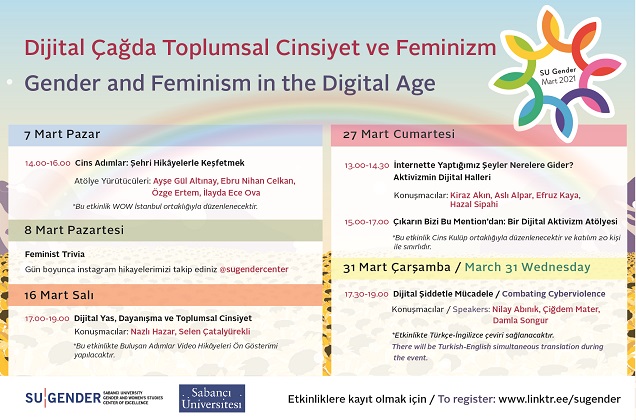 8 Mart Dünya Kadınlar Günü sebebiyle her yıl Mart ayına özel etkinlik serisi planlayan Sabancı Üniversitesi Toplumsal Cinsiyet ve Kadın Çalışmaları Mükemmeliyet Merkezi (SU Gender), bu yılın temasını “Dijital Çağda Toplumsal Cinsiyet ve Feminizm” olarak belirledi.